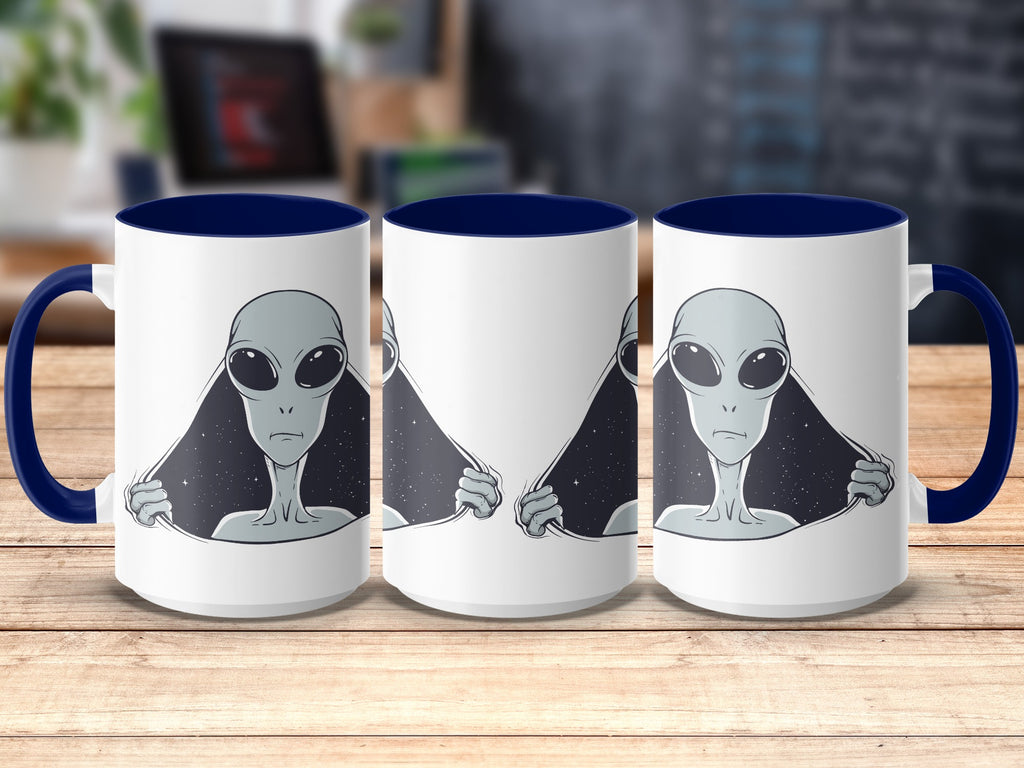 Three white mugs with blue rims and handles, featuring a gray alien peeking through torn space background.