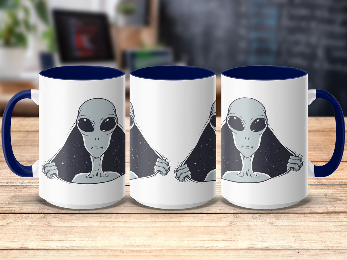Three white mugs with blue rims and handles, featuring a gray alien peeking through torn space background.