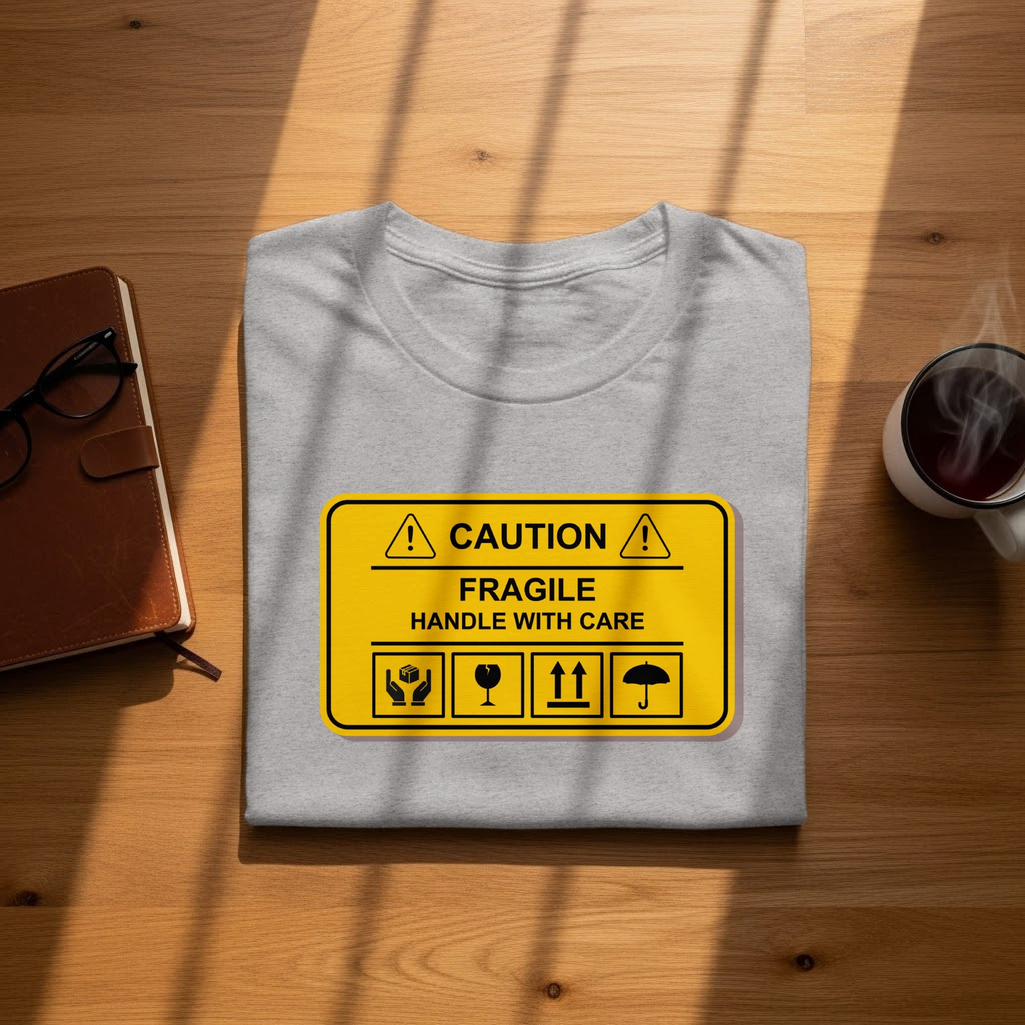 Gray t-shirt with "CAUTION FRAGILE HANDLE WITH CARE" warning label and icons.