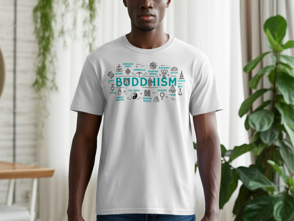 White t-shirt with "BUDDHISM" text and related iconography.