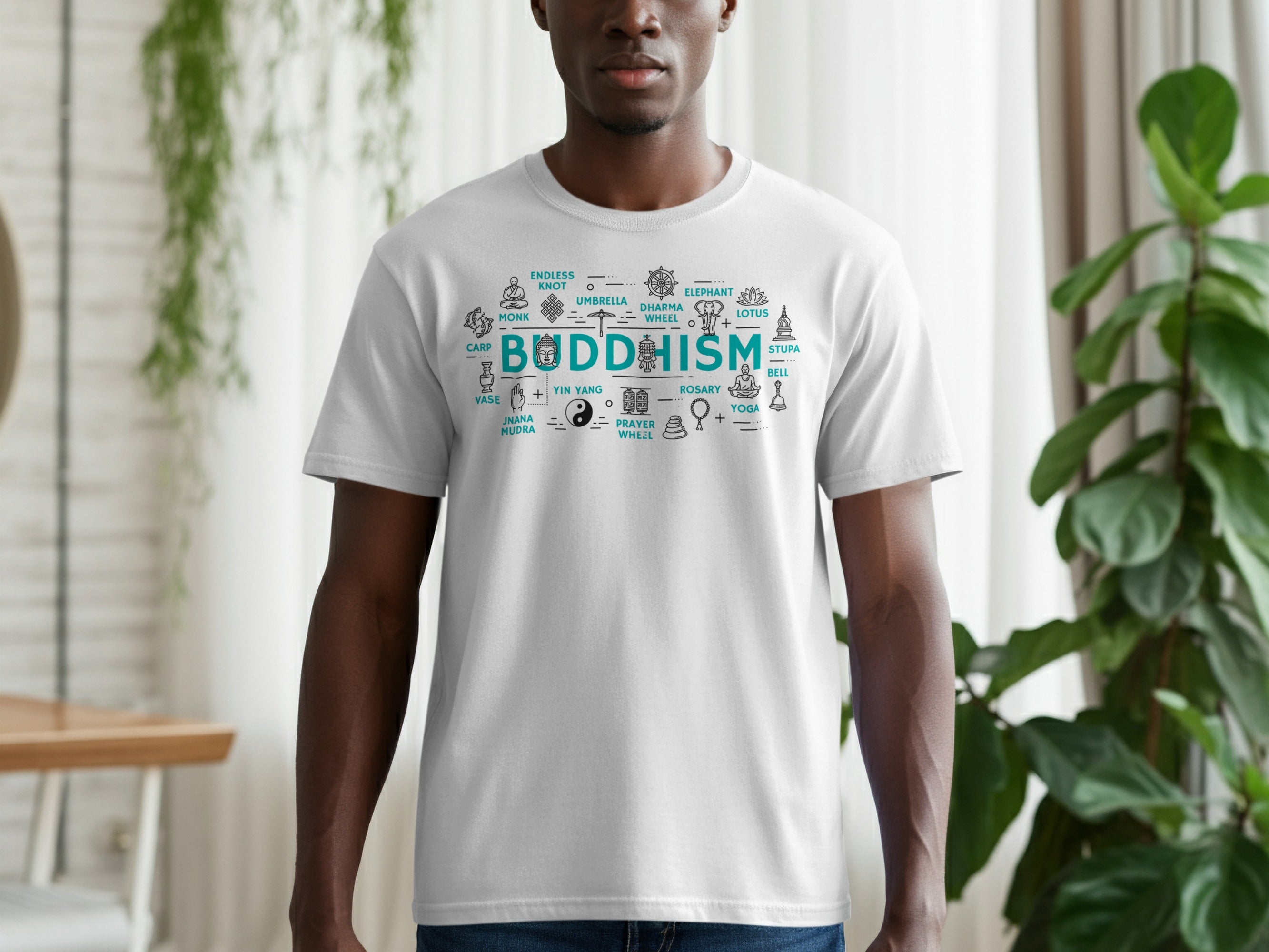 White t-shirt with "BUDDHISM" text and related iconography.