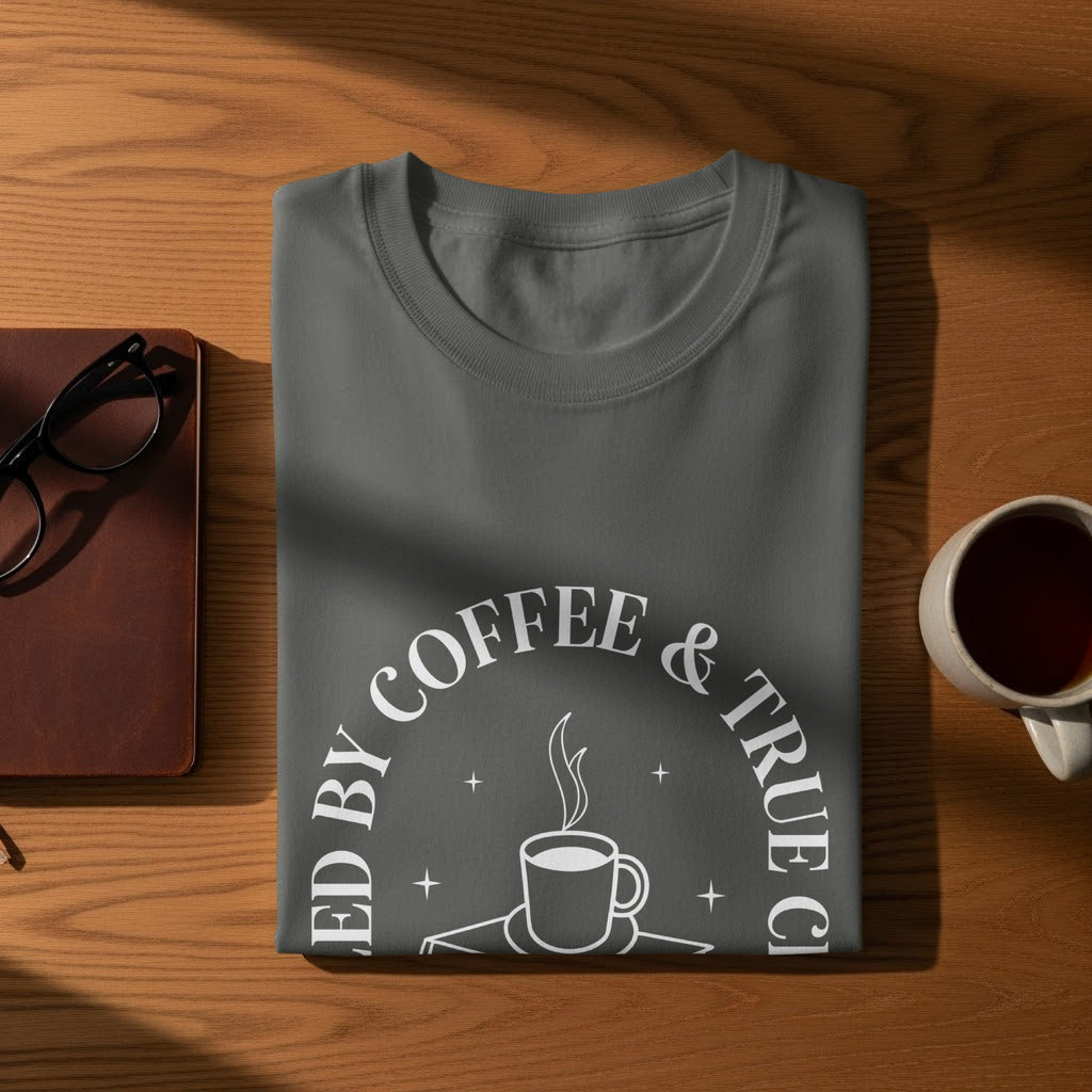 Gray t-shirt with white graphic text "LED BY COFFEE & TRUE CI" and a coffee cup.