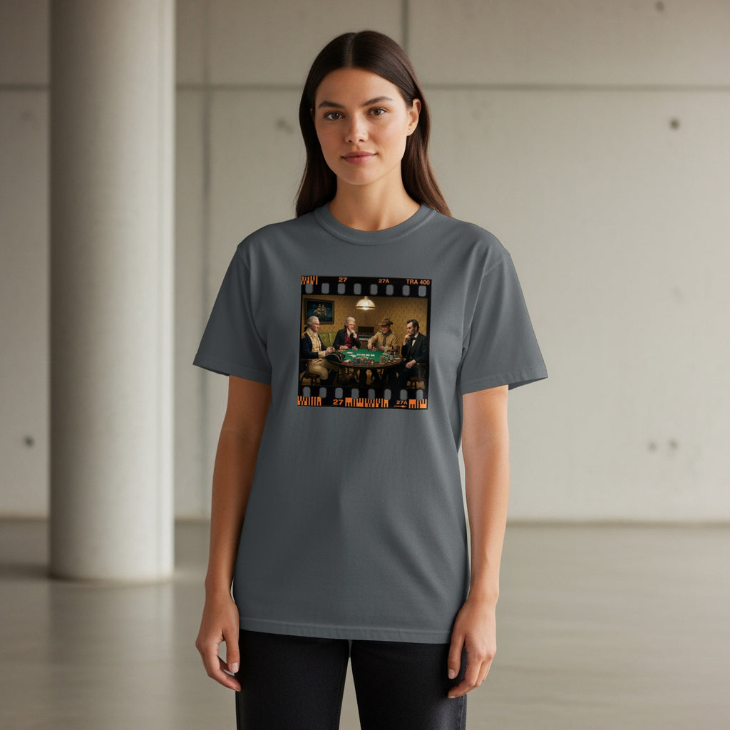 Washington, Lincoln, and others play poker on a t-shirt graphic within filmstrip borders.