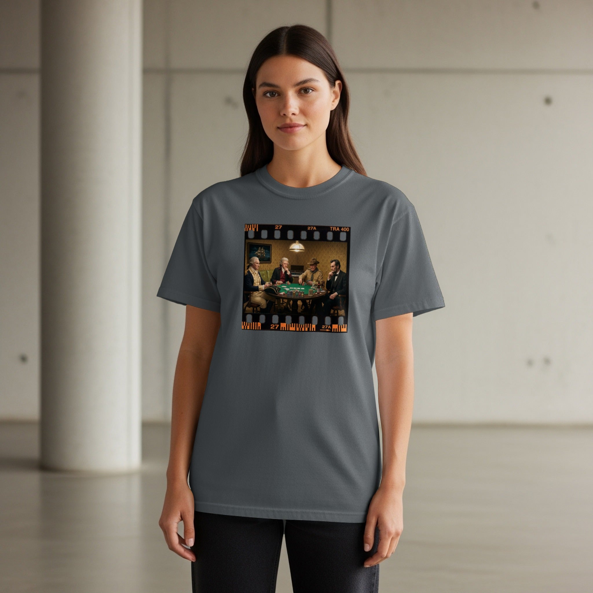 Washington, Lincoln, and others play poker on a t-shirt graphic within filmstrip borders.