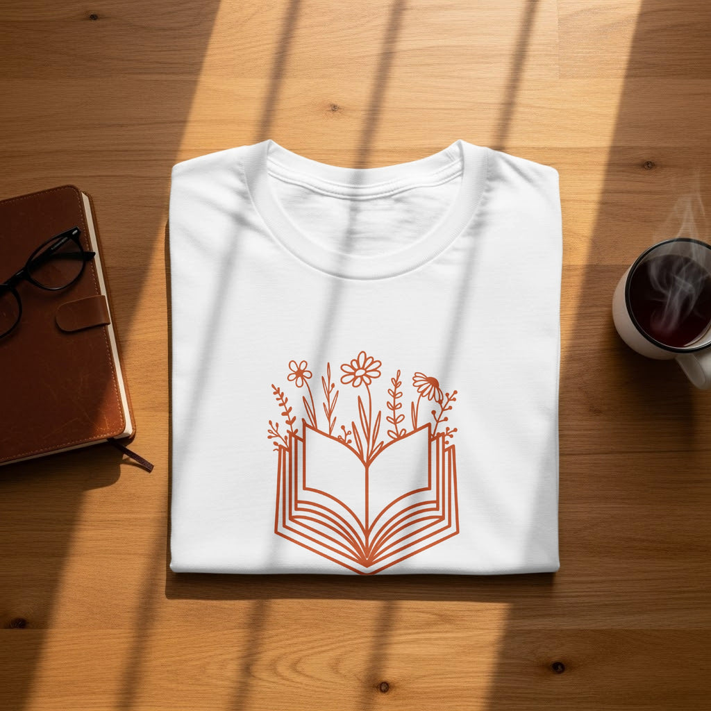 White t-shirt with an open book and floral graphic in terracotta.