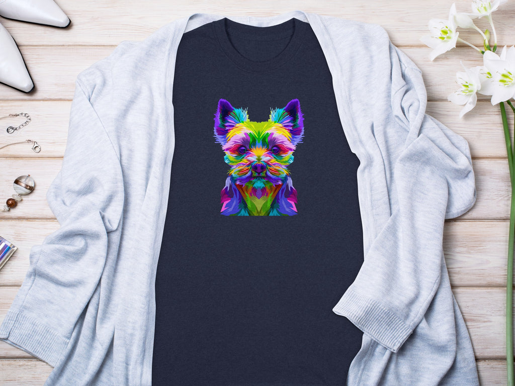 Dark t-shirt with colorful geometric dog print, draped with light blue cardigan.