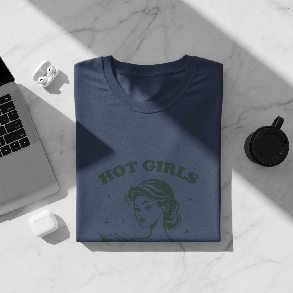 Dark blue t-shirt with green "HOT GIRLS" text and a vintage-style woman graphic.