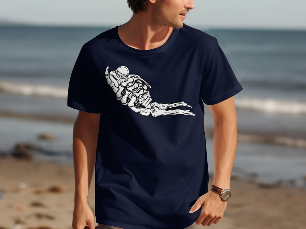 Dark navy t-shirt with white skeleton hand holding a bomb graphic.