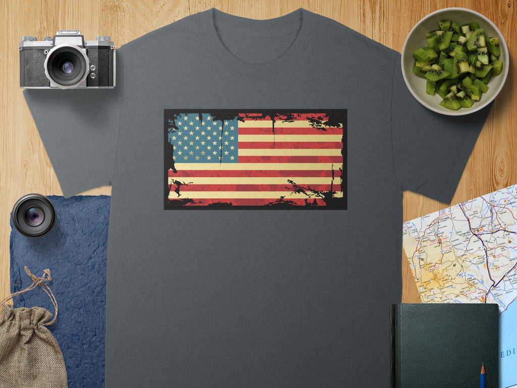 Dark grey t-shirt with distressed American flag graphic on the chest.
