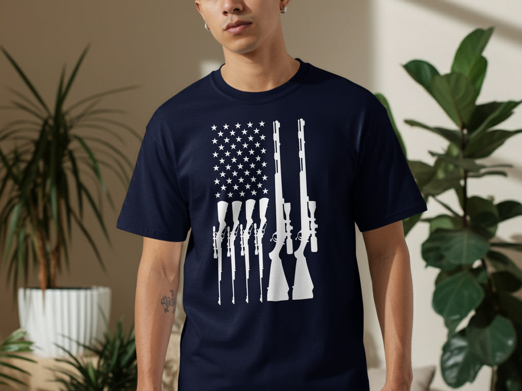 Navy t-shirt with white American flag design made of rifles.