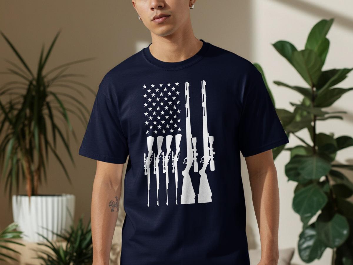 Navy t-shirt with white American flag design made of rifles.