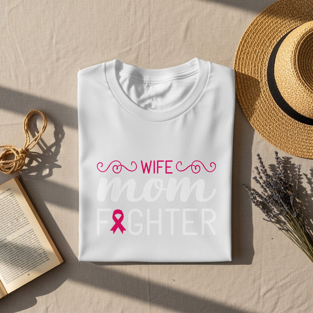 White t-shirt with pink and white text "wife mom fighter" and pink ribbon.