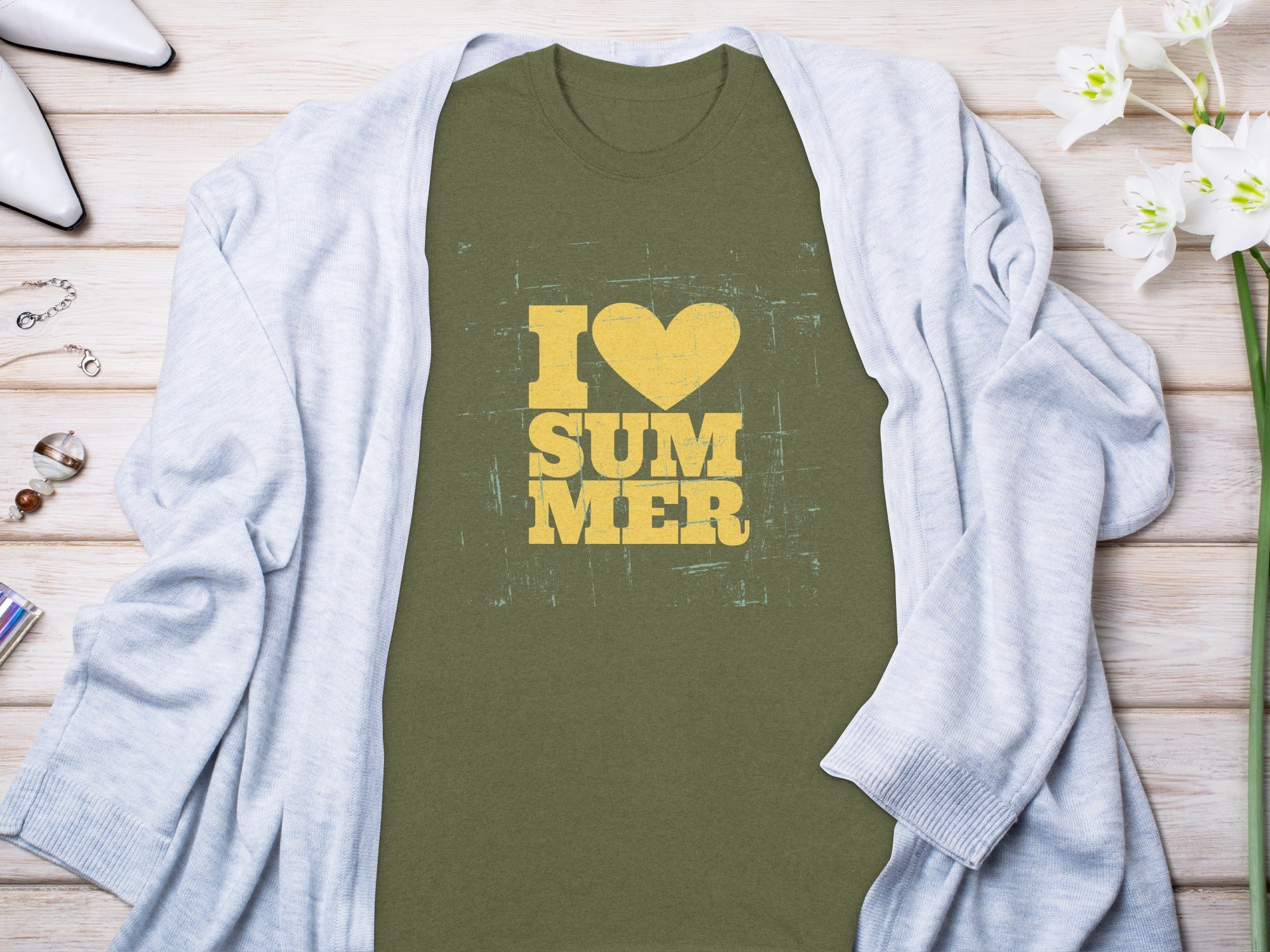 Olive t-shirt with yellow "I Love Summer" graphic and distressed texture.