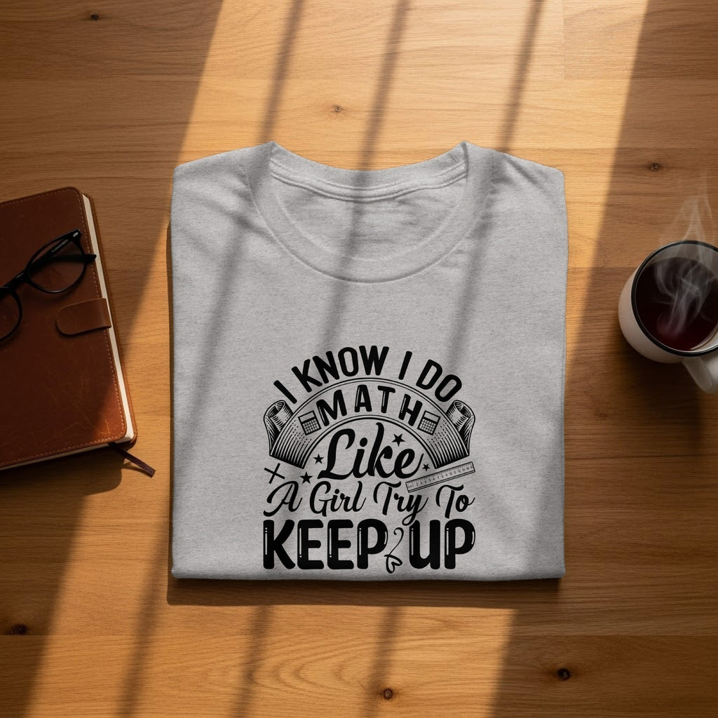 Light grey t-shirt with black text reading "I Know I Do Math Like A Girl Try To Keep Up".