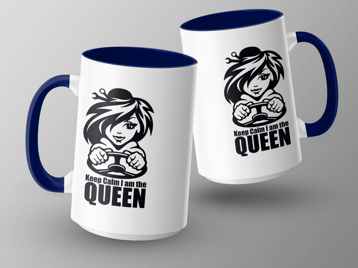 Two white mugs with dark blue handles and interiors, featuring a "Keep Calm I am the Queen" graphic.