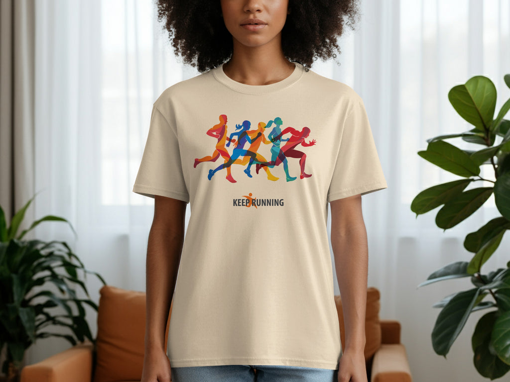 T-shirt featuring colorful abstract runners and the text "KEEP RUNNING".