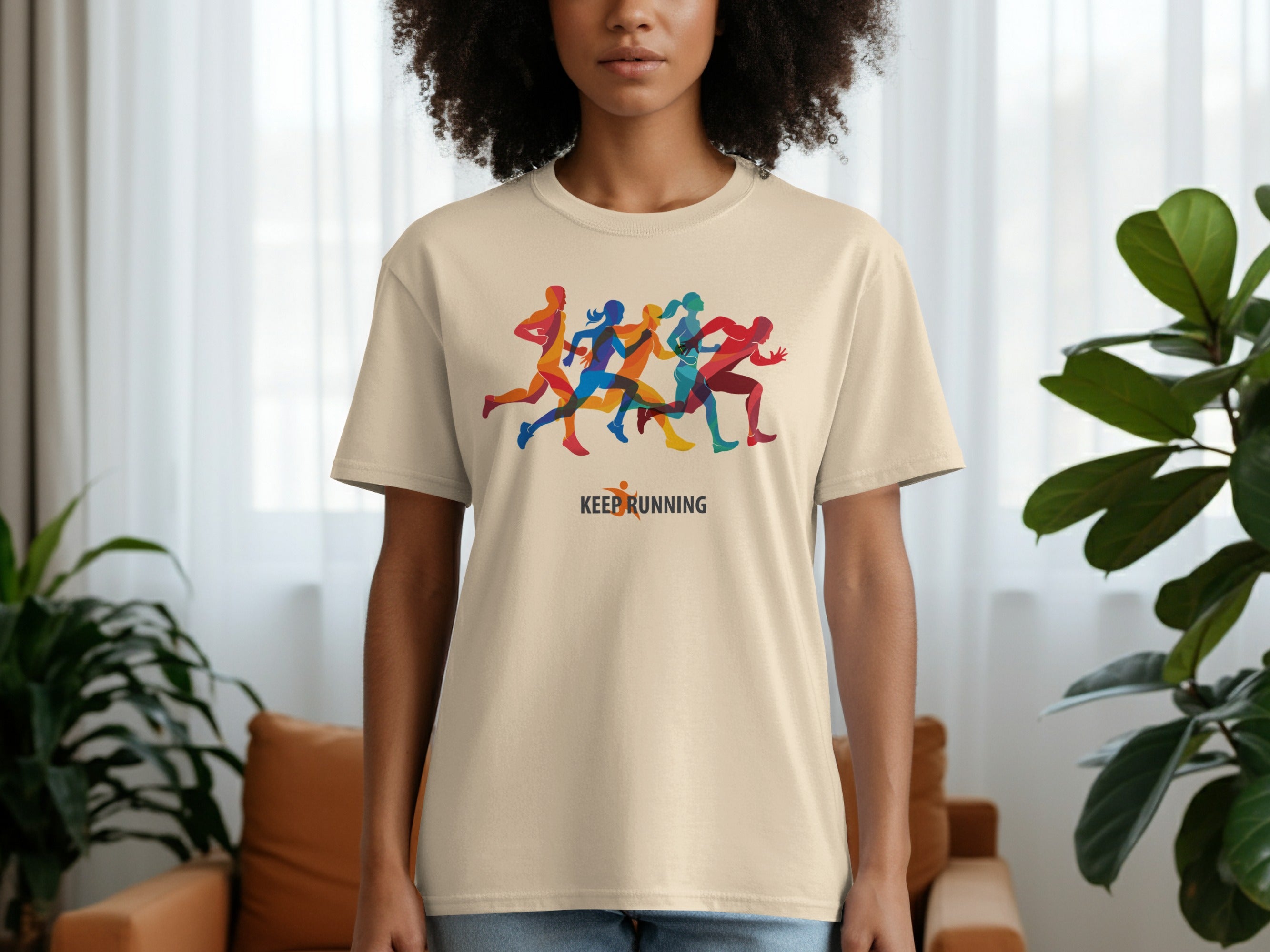 T-shirt featuring colorful abstract runners and the text "KEEP RUNNING".