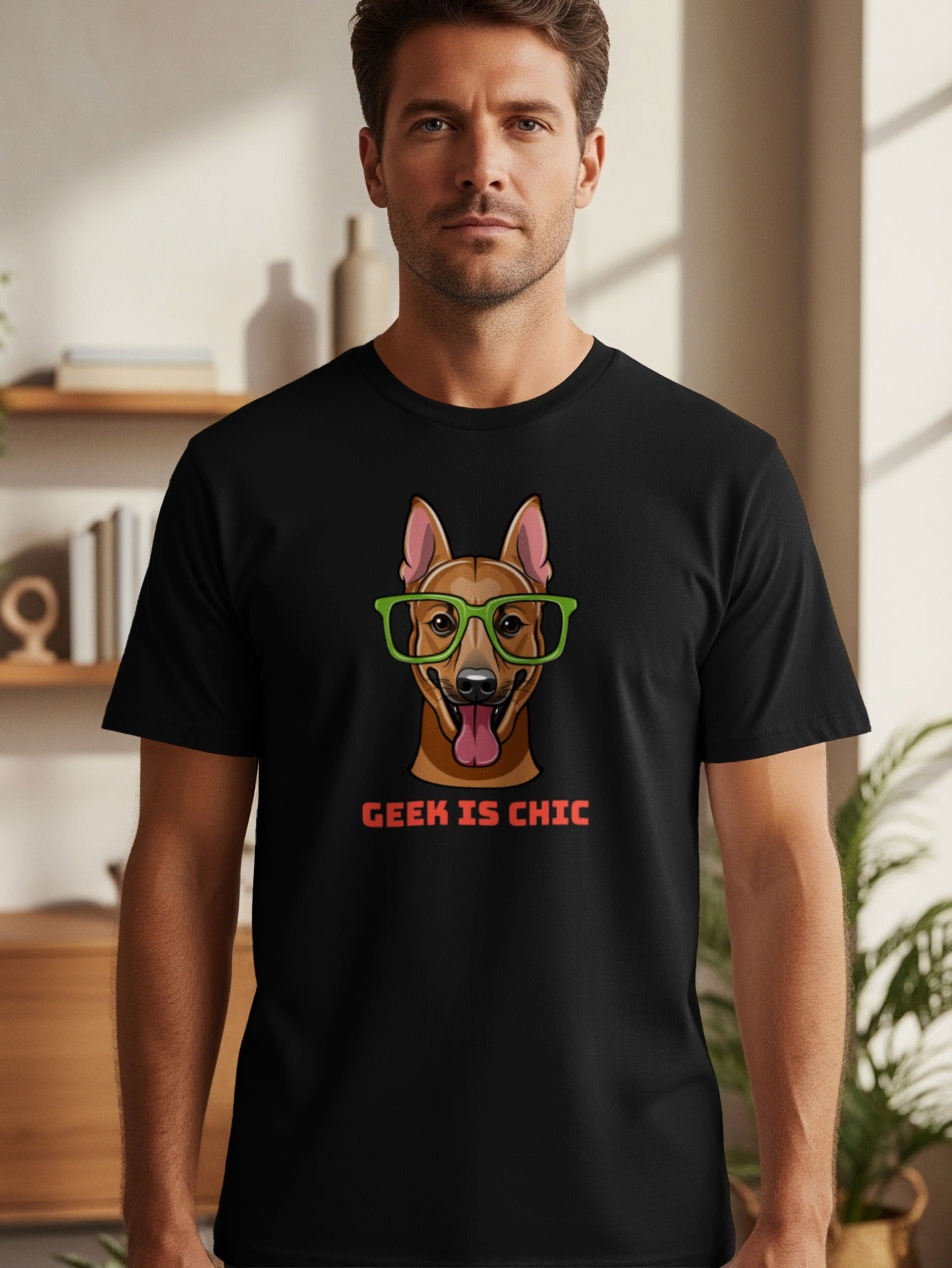 Black t-shirt featuring a cartoon dog wearing green glasses and the text "GEEK IS CHIC".