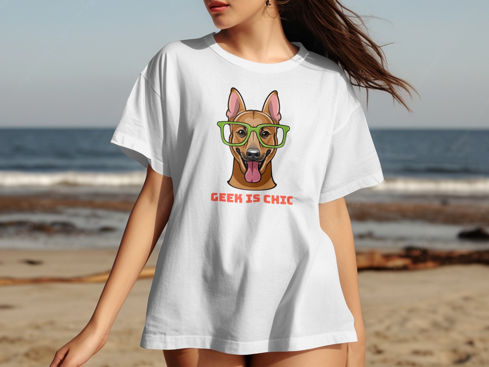 White t-shirt with a cartoon dog wearing glasses and the text "GEEK IS CHIC".