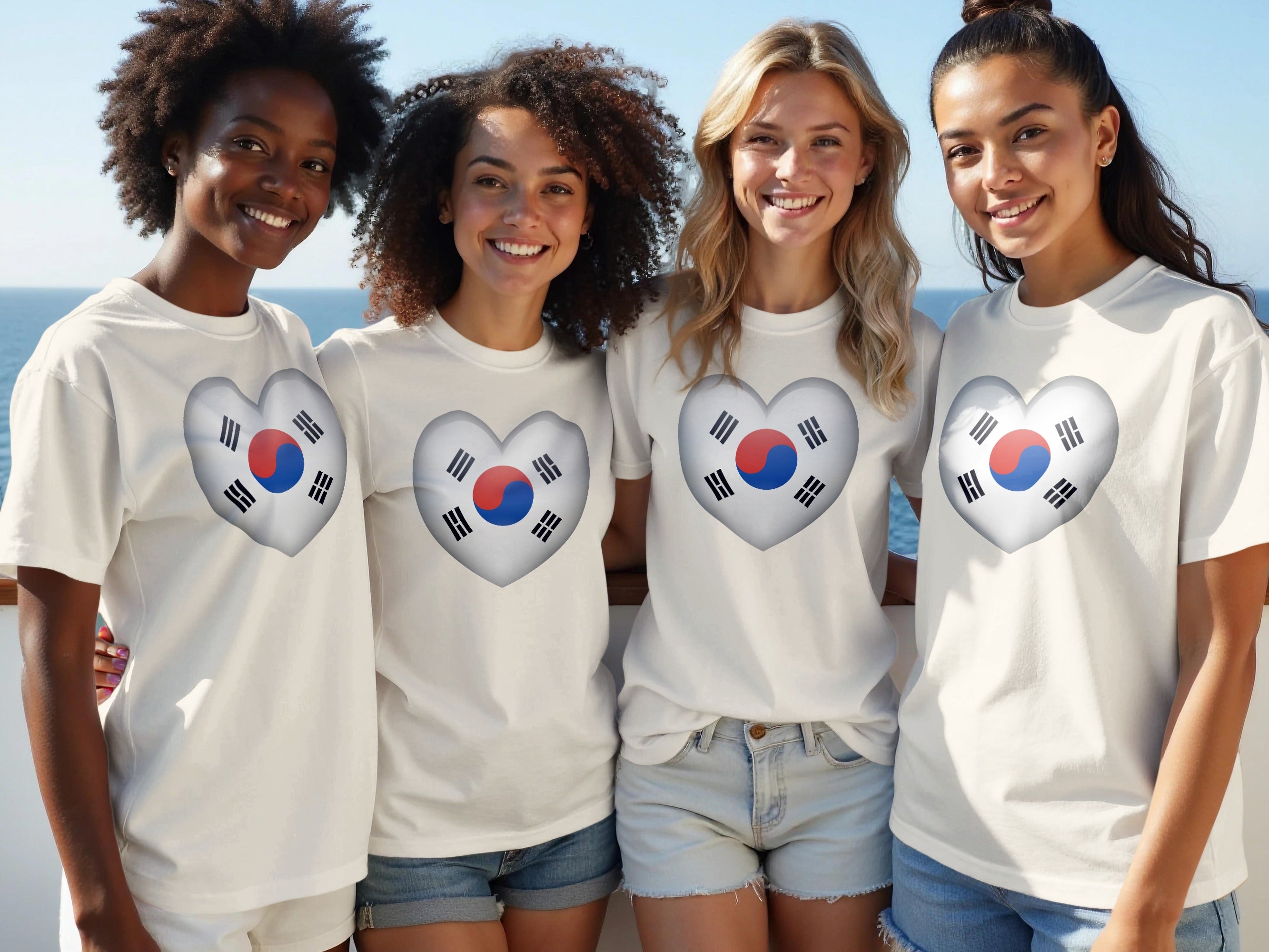 Four women in white t-shirts with South Korean flag hearts on them.