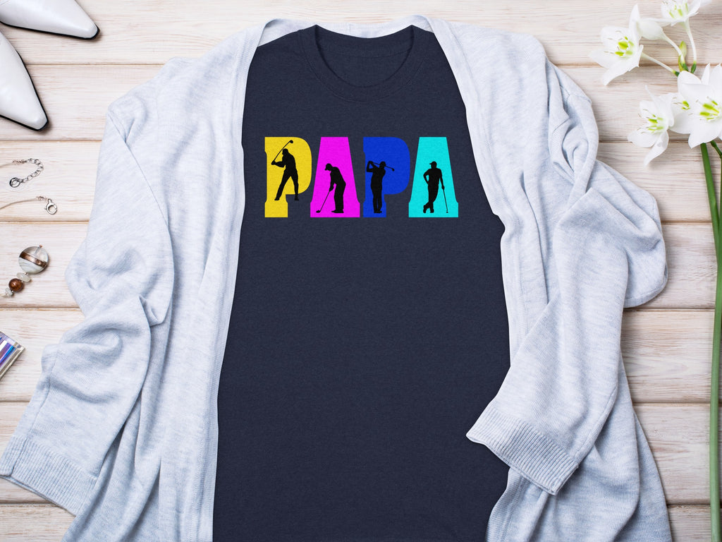 Dark blue t-shirt with colorful letters spelling PAPA with golfers inside each letter.