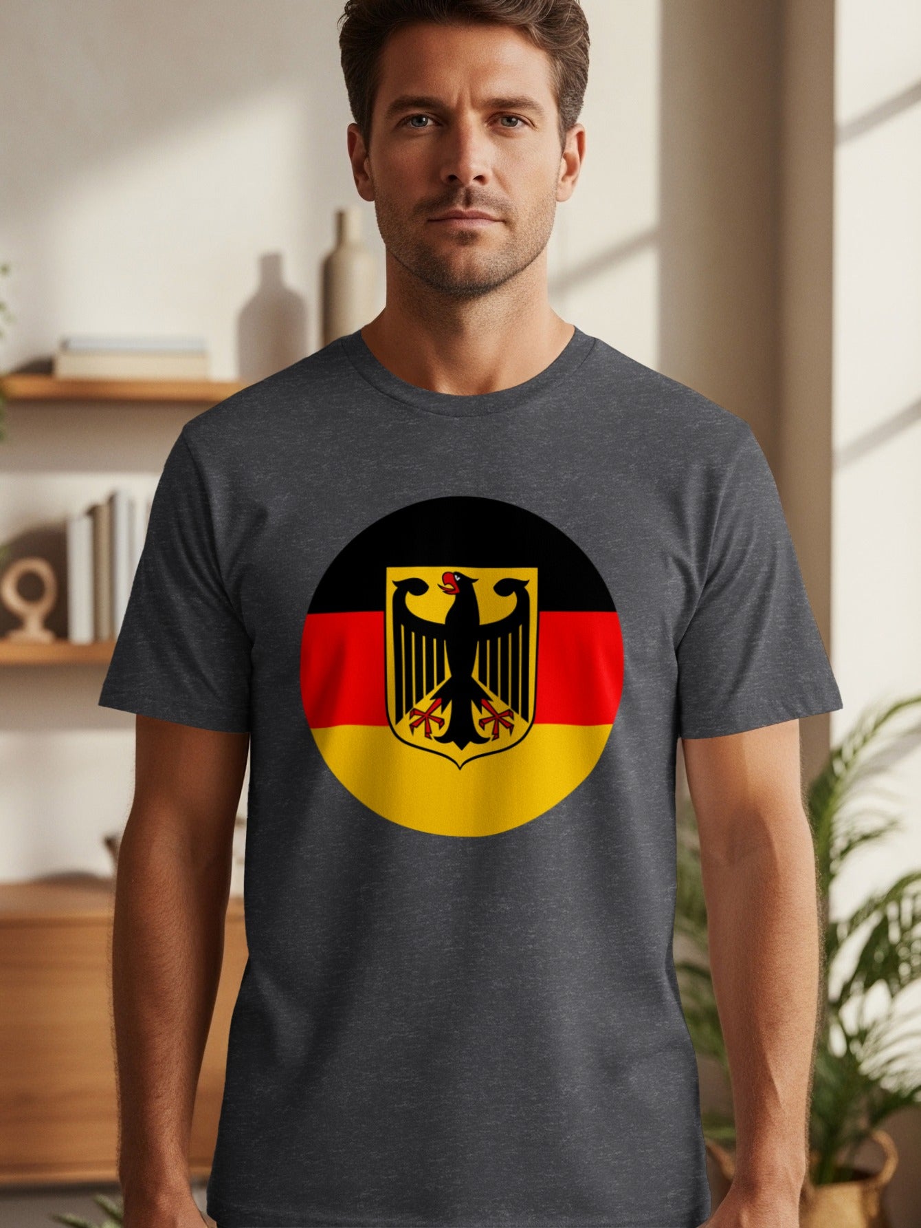 Dark grey t-shirt with the German flag and coat of arms centered on the chest.