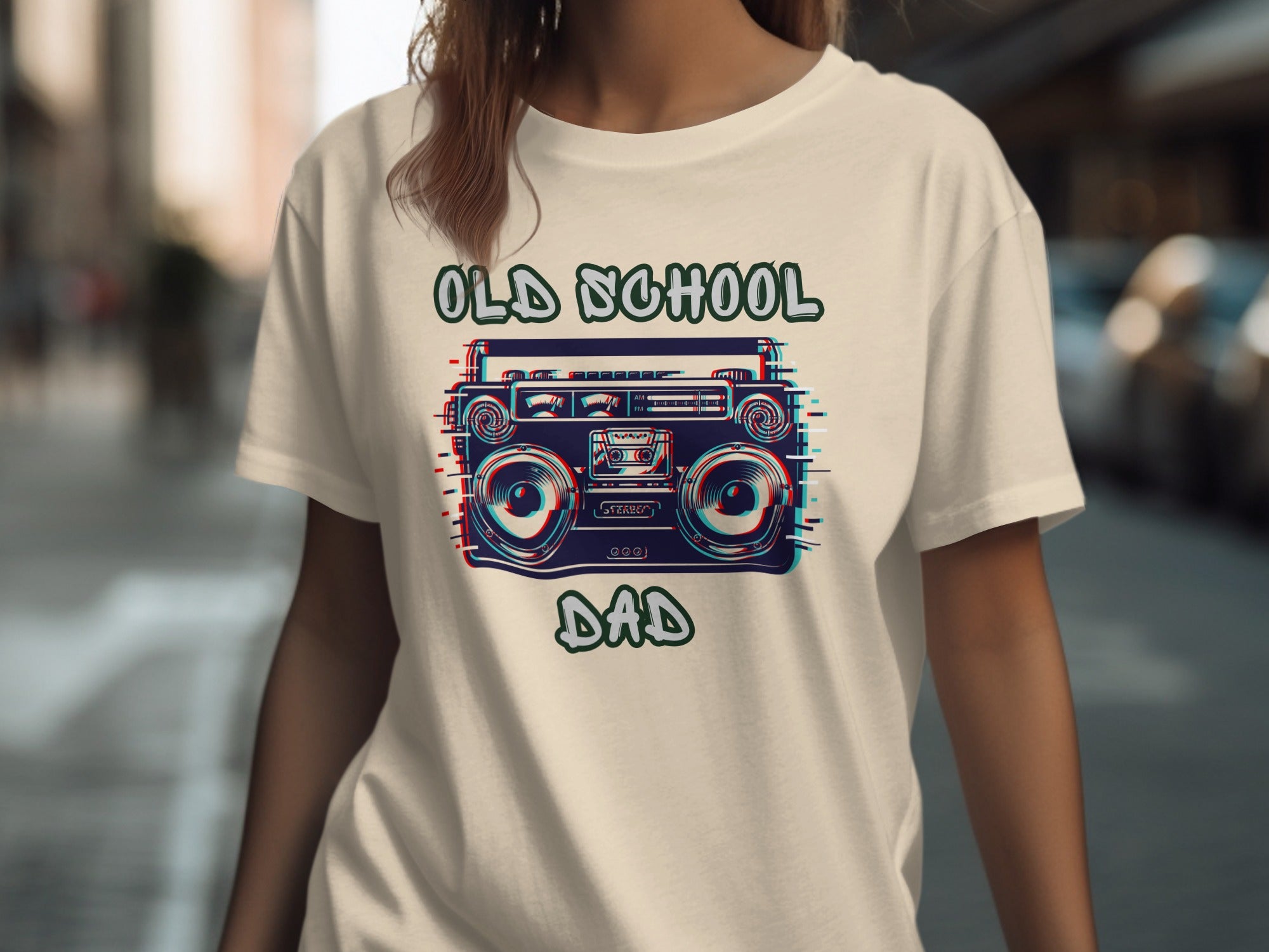 T-shirt with "OLD SCHOOL DAD" text and a glitchy boombox graphic.
