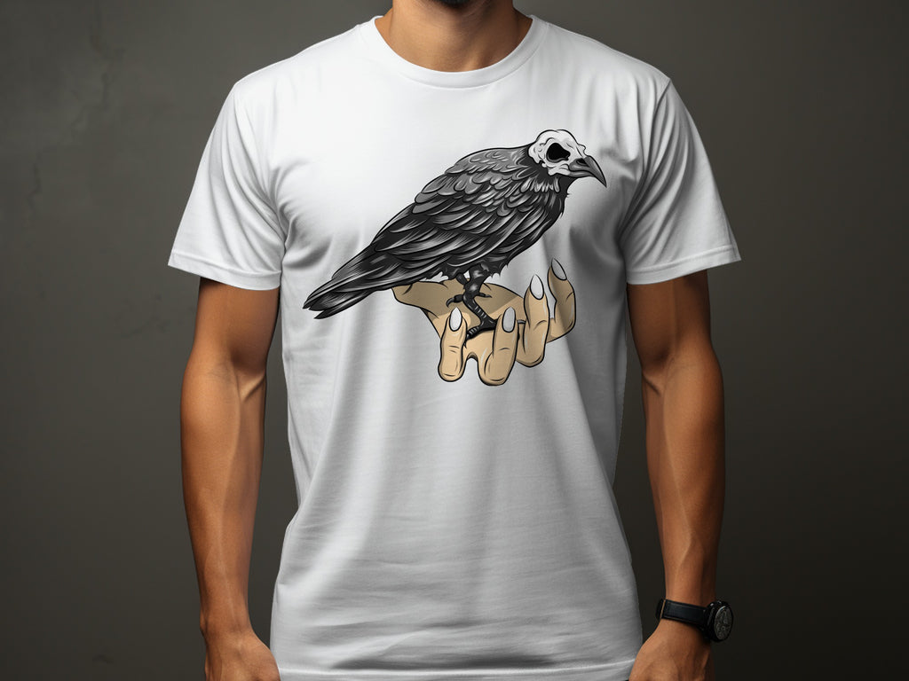 Illustration of a crow with a skull head perched on a hand.