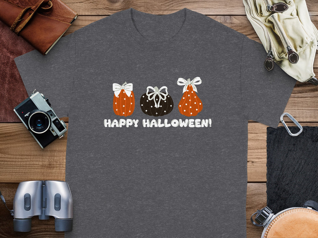 Dark grey t-shirt with three decorated pumpkins and "Happy Halloween!" text.
