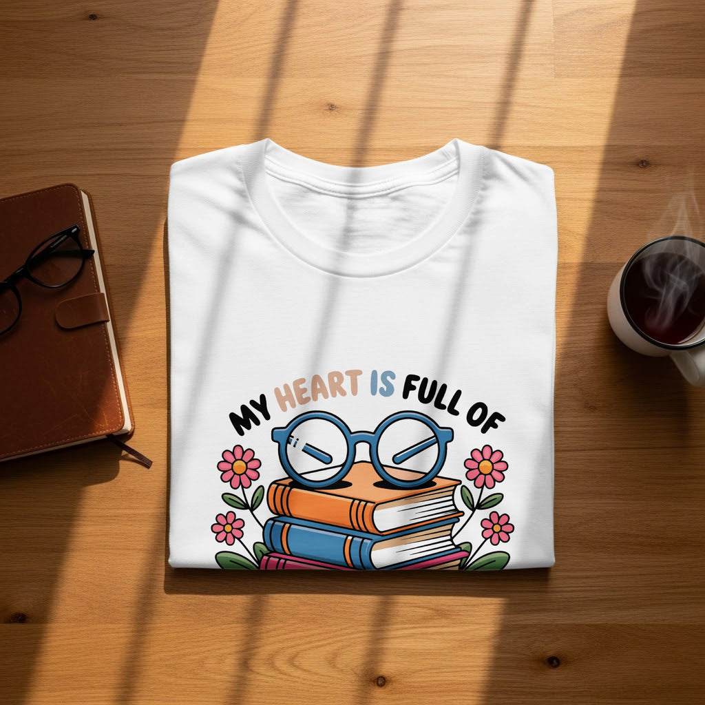 White t-shirt with cartoon books glasses and flowers design.