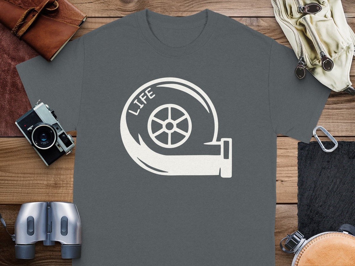 Dark grey t-shirt with white turbocharger graphic and "LIFE" text.