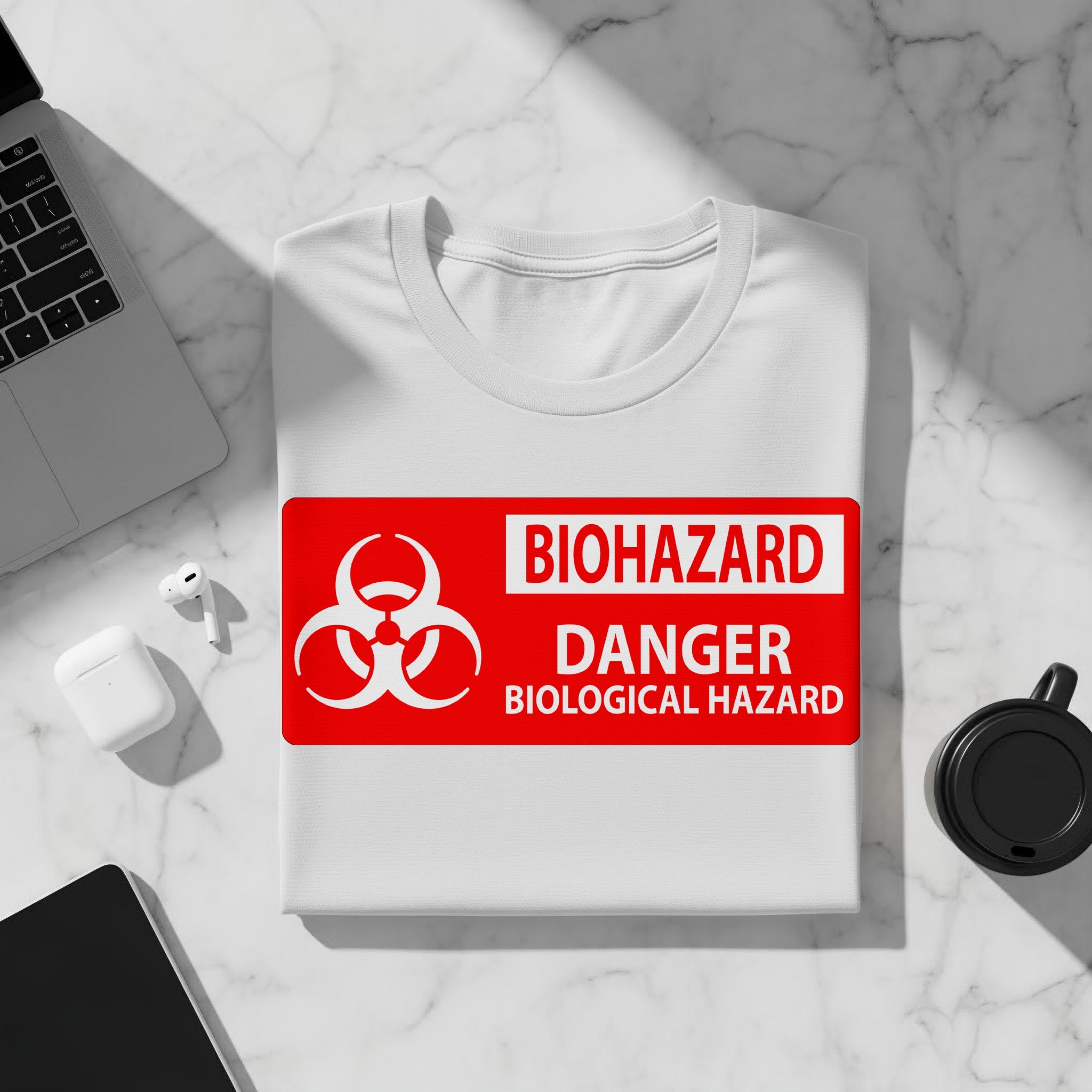 White t-shirt with biohazard, danger, and biological hazard text.