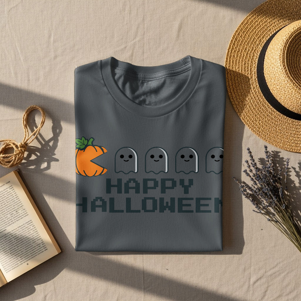 Dark gray t-shirt with pumpkin and ghosts, says "HAPPY HALLOWEEN" in pixelated text.