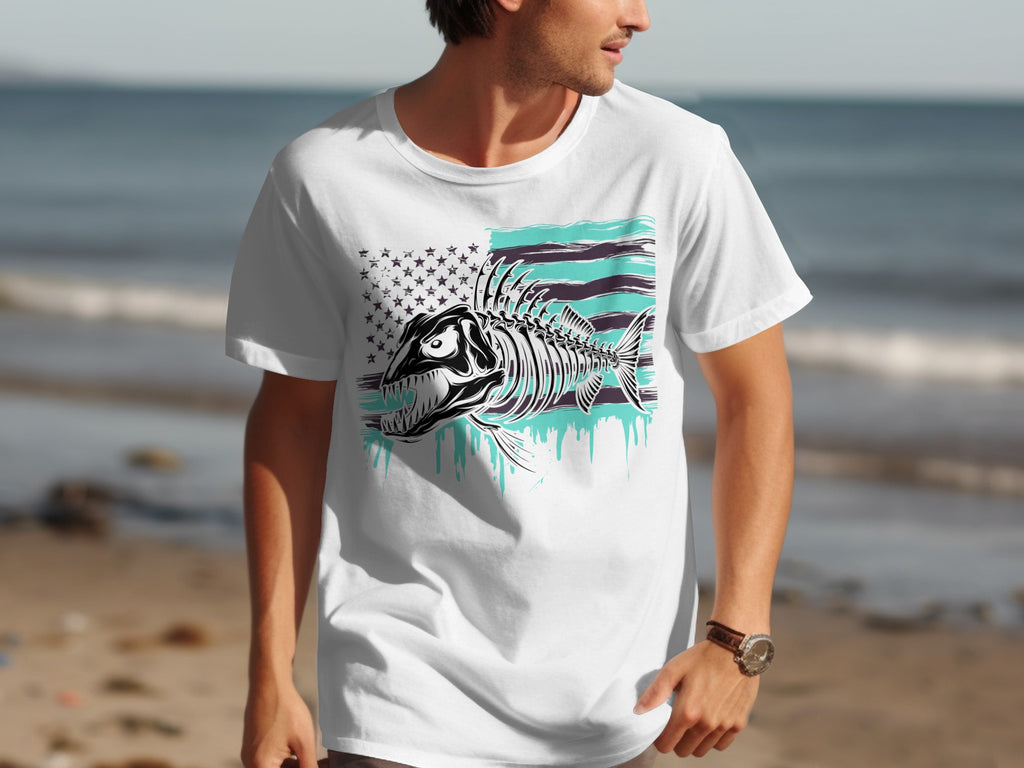 White t-shirt with a skeleton fish and distressed American flag graphic.