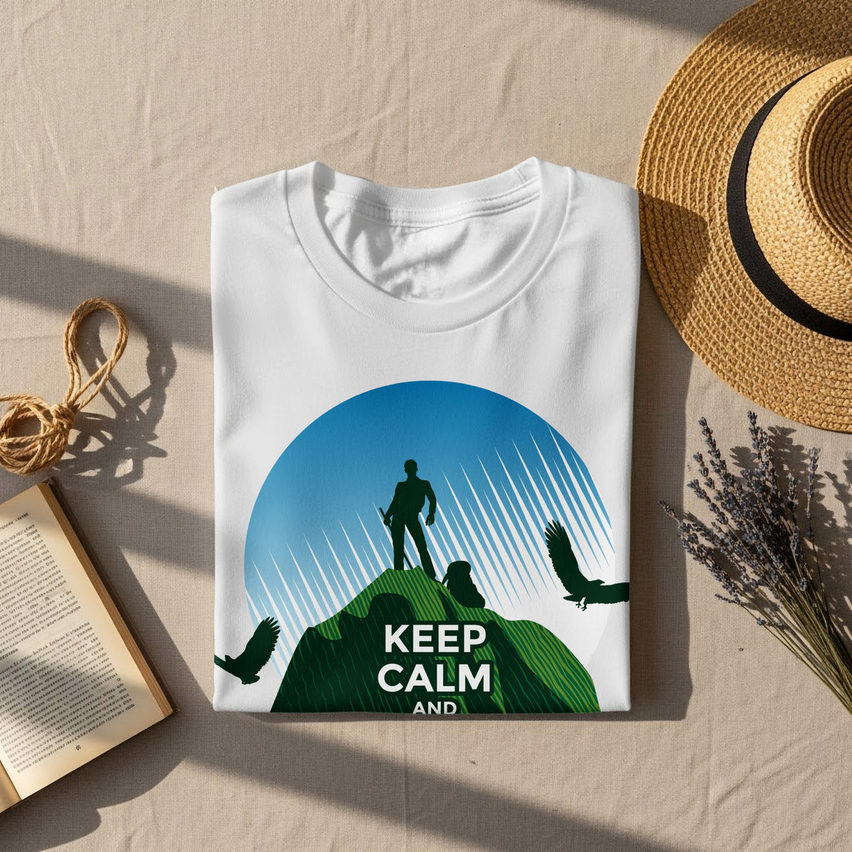 White t-shirt with "KEEP CALM AND" text and mountain hiking graphic.