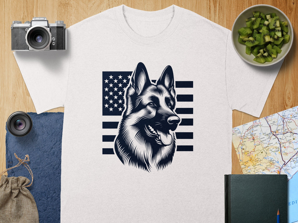 White t-shirt with German Shepherd head and American flag graphic.
