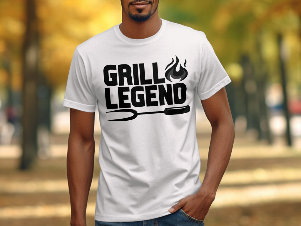 White t-shirt with "GRILL LEGEND" text and grill fork graphic.