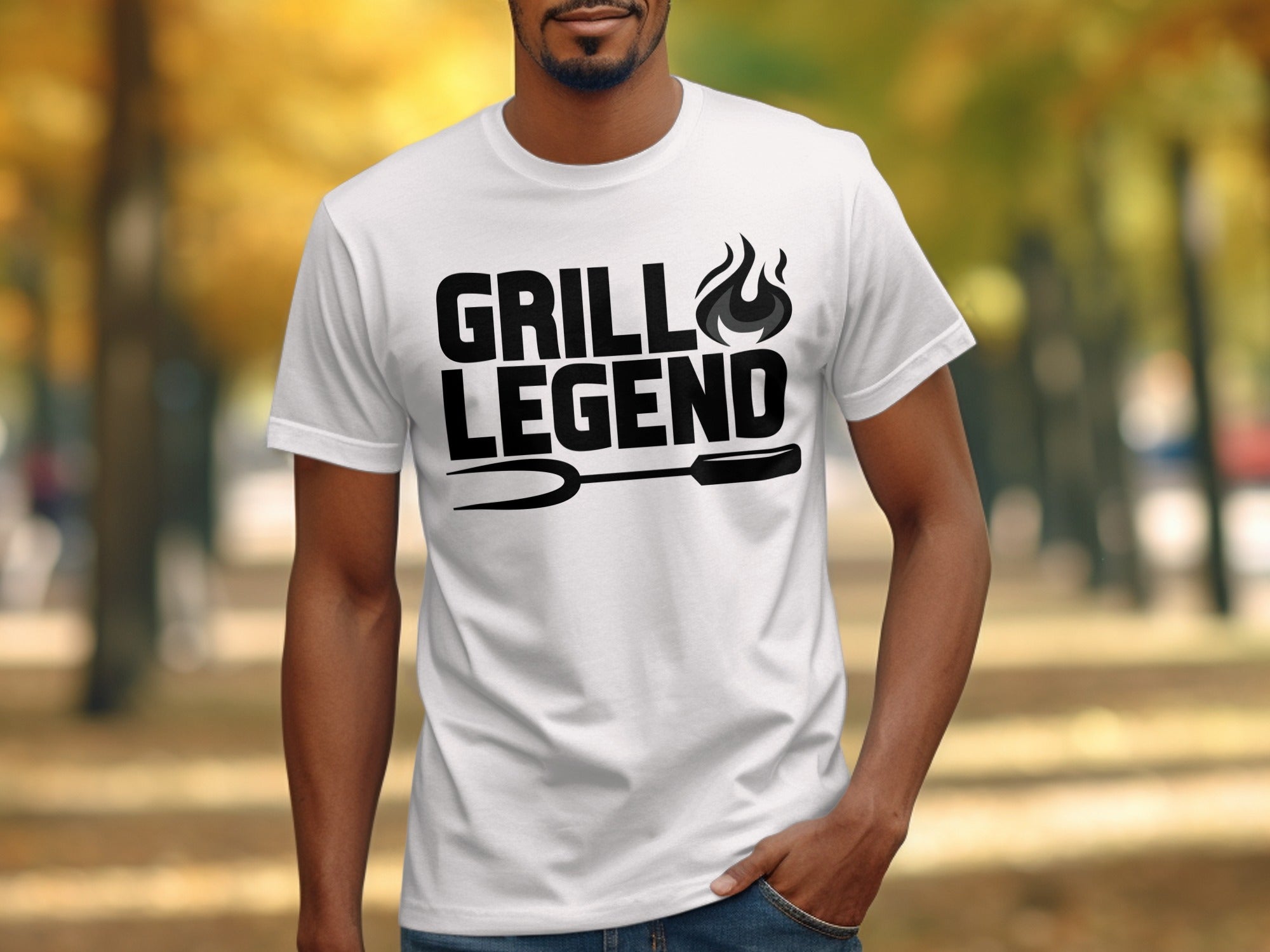 White t-shirt with "GRILL LEGEND" text and grill fork graphic.