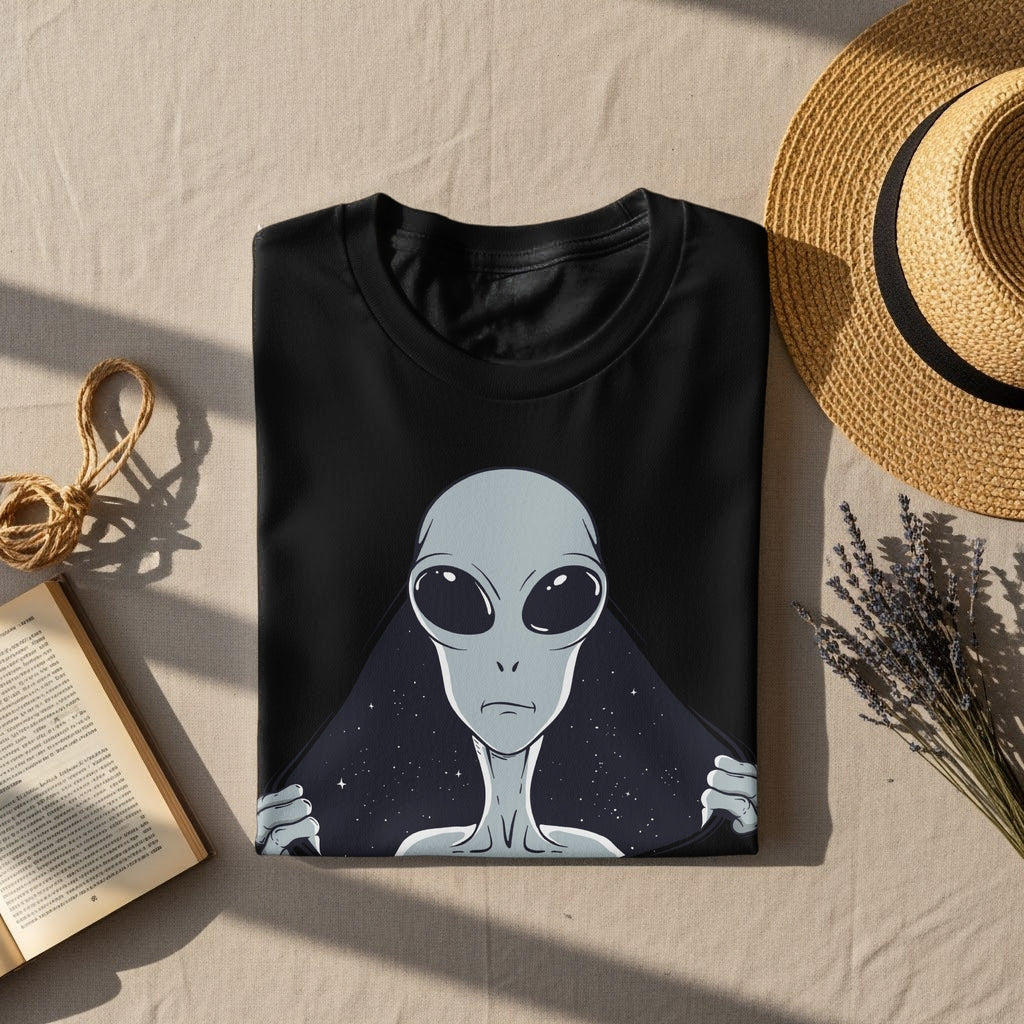 Black t-shirt with an illustration of a grey alien peeking from a starry space background.