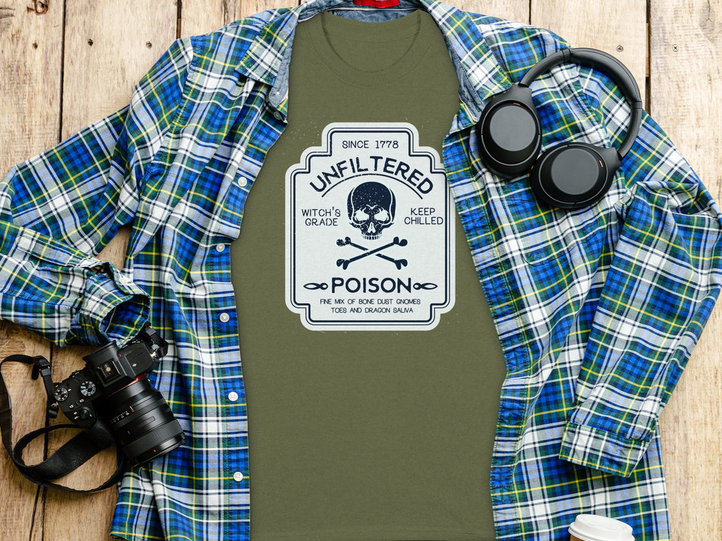Olive green t-shirt with a skull and crossbones "Poison" graphic.