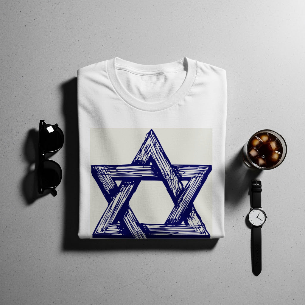 White t-shirt with a sketched blue Star of David graphic.