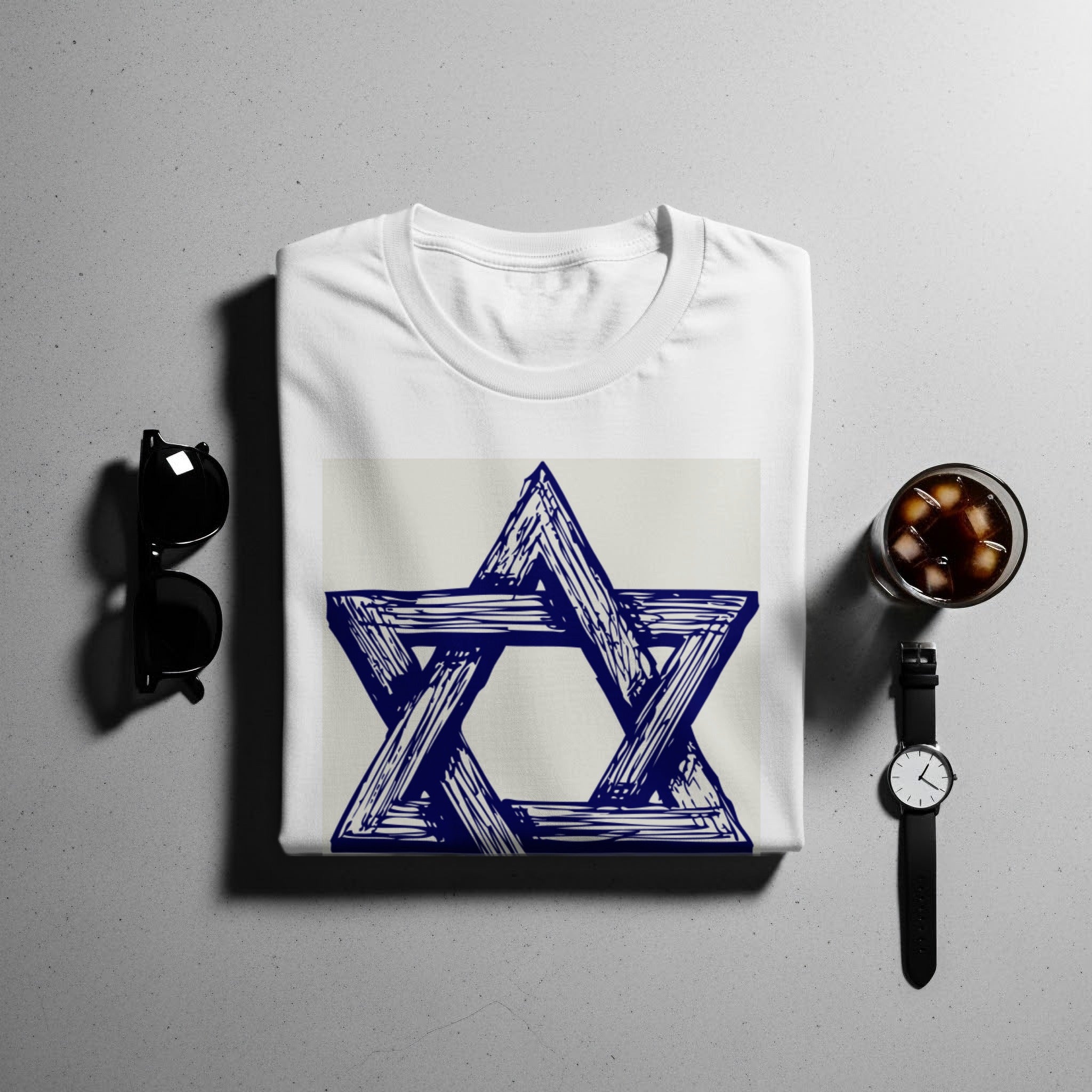 White t-shirt with a sketched blue Star of David graphic.