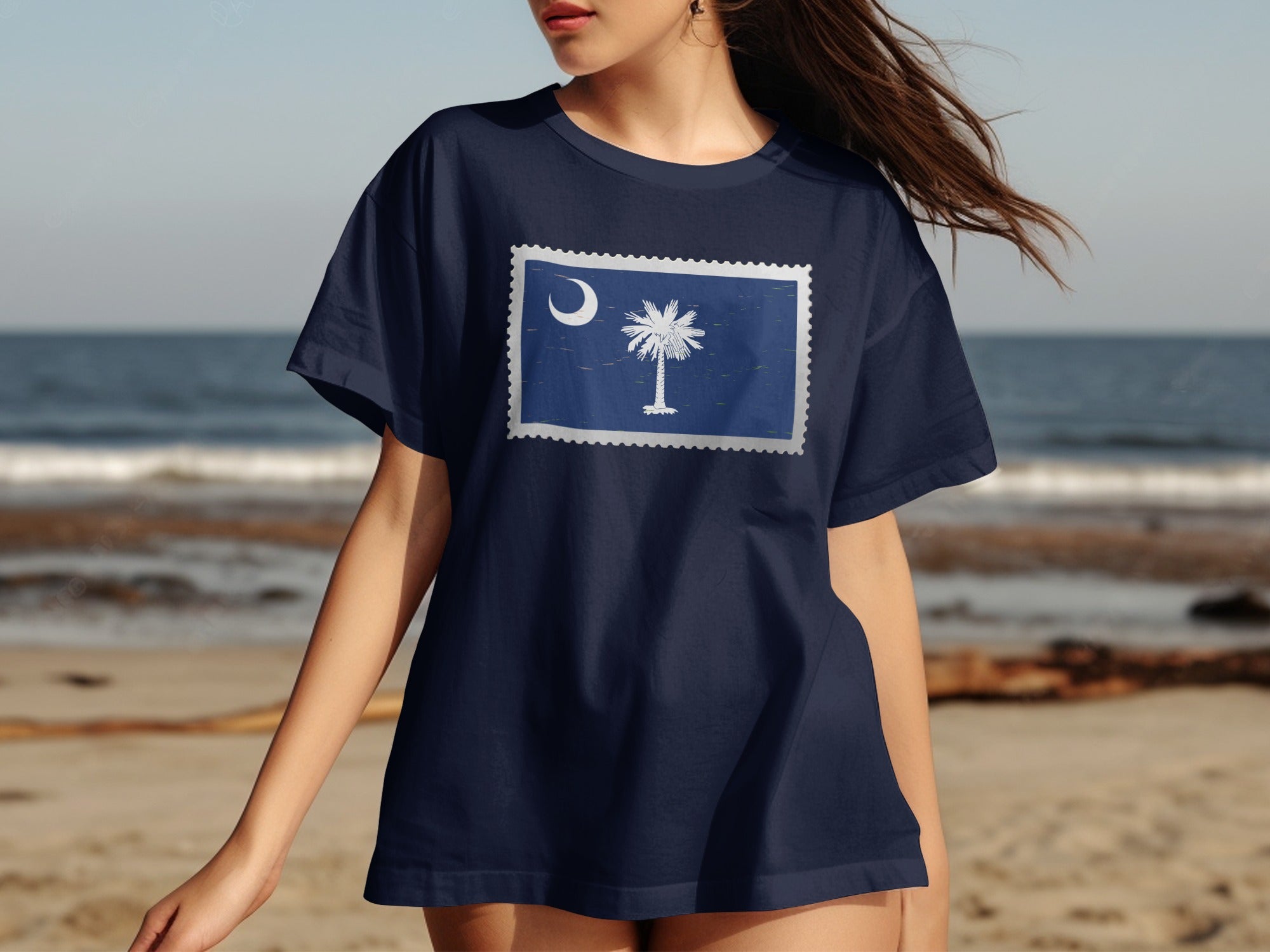 Navy t-shirt with a stamp graphic of the South Carolina flag featuring a palmetto tree and crescent moon.