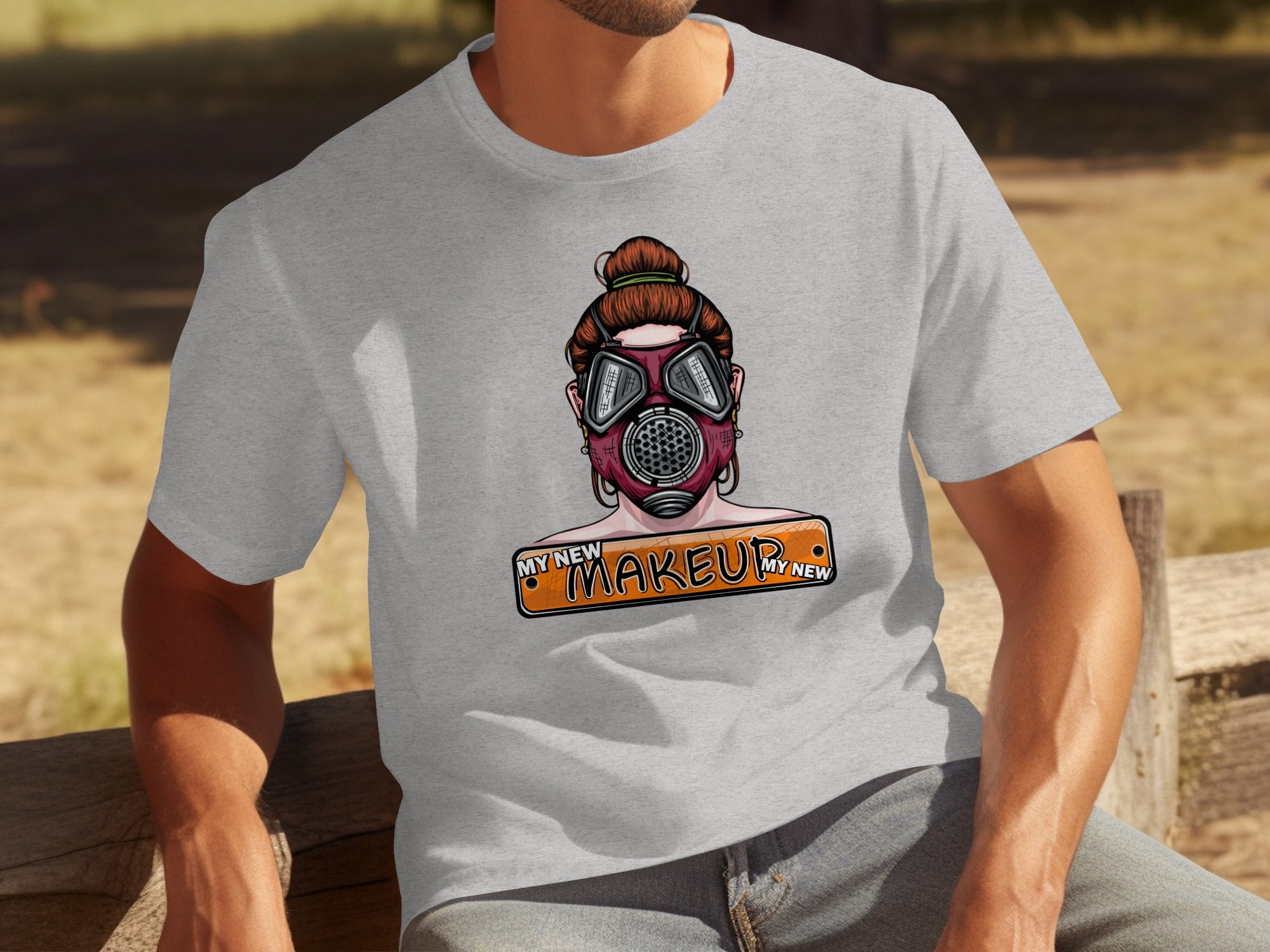T-shirt with illustration of woman in gas mask and "My new makeup" text.