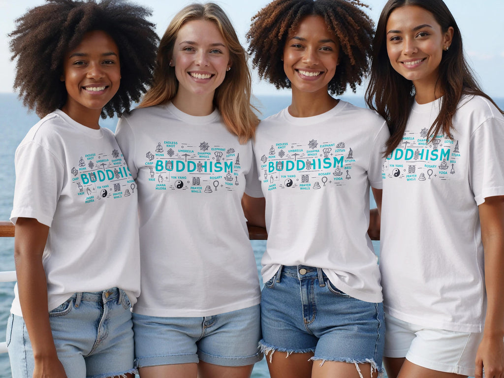 Four smiling women wear white t-shirts with a "Buddhism" graphic and associated symbols.