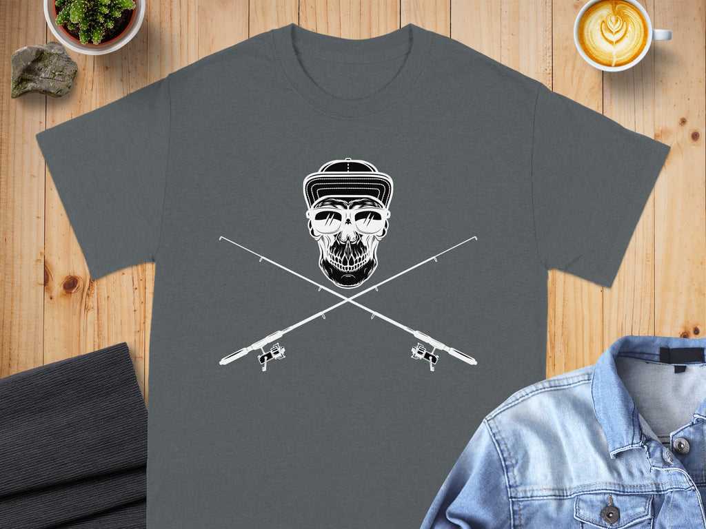 Skull wearing sunglasses and a cap superimposed over crossed fishing rods.