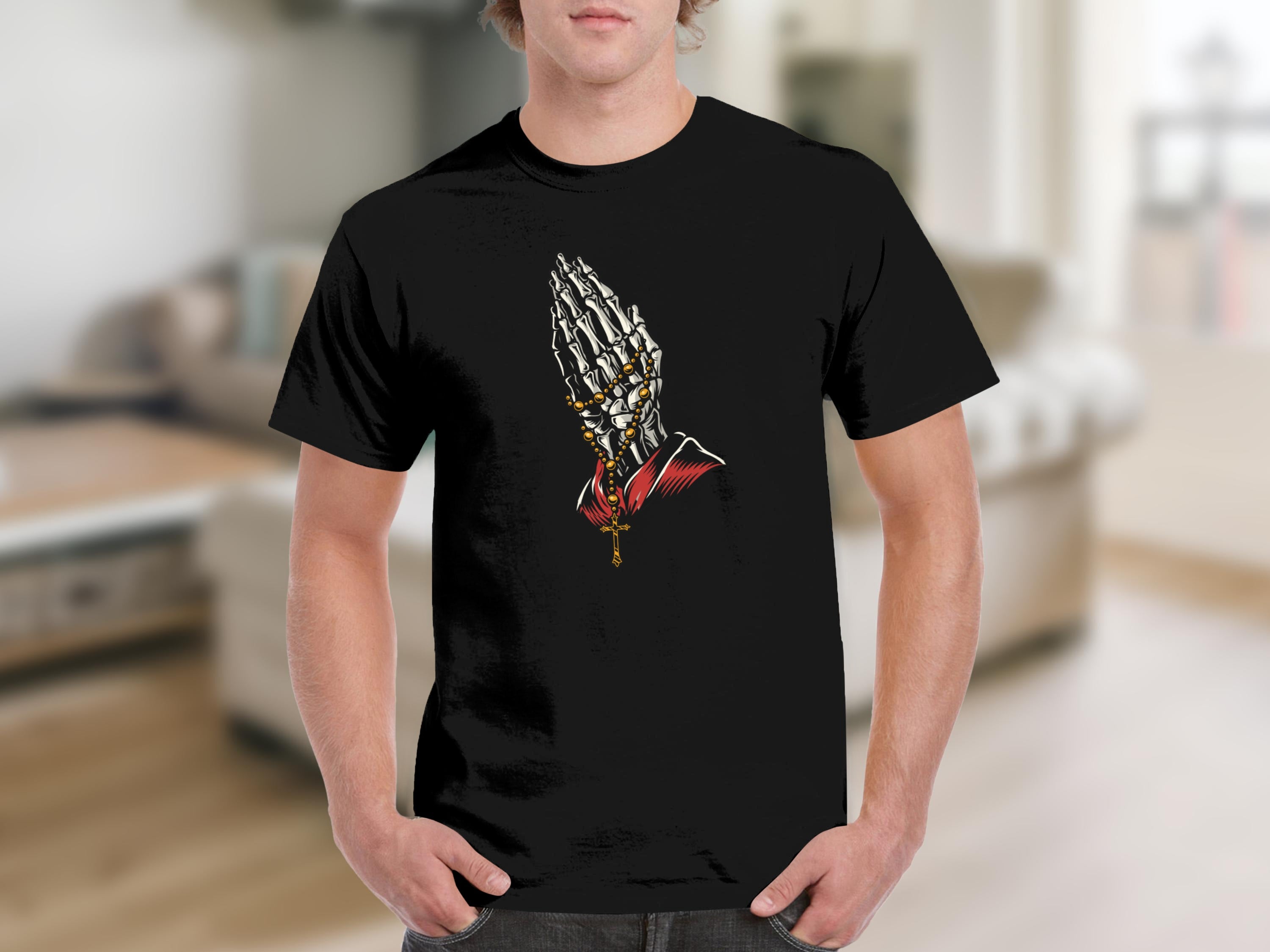 Black t-shirt with skeleton hands praying and rosary beads.