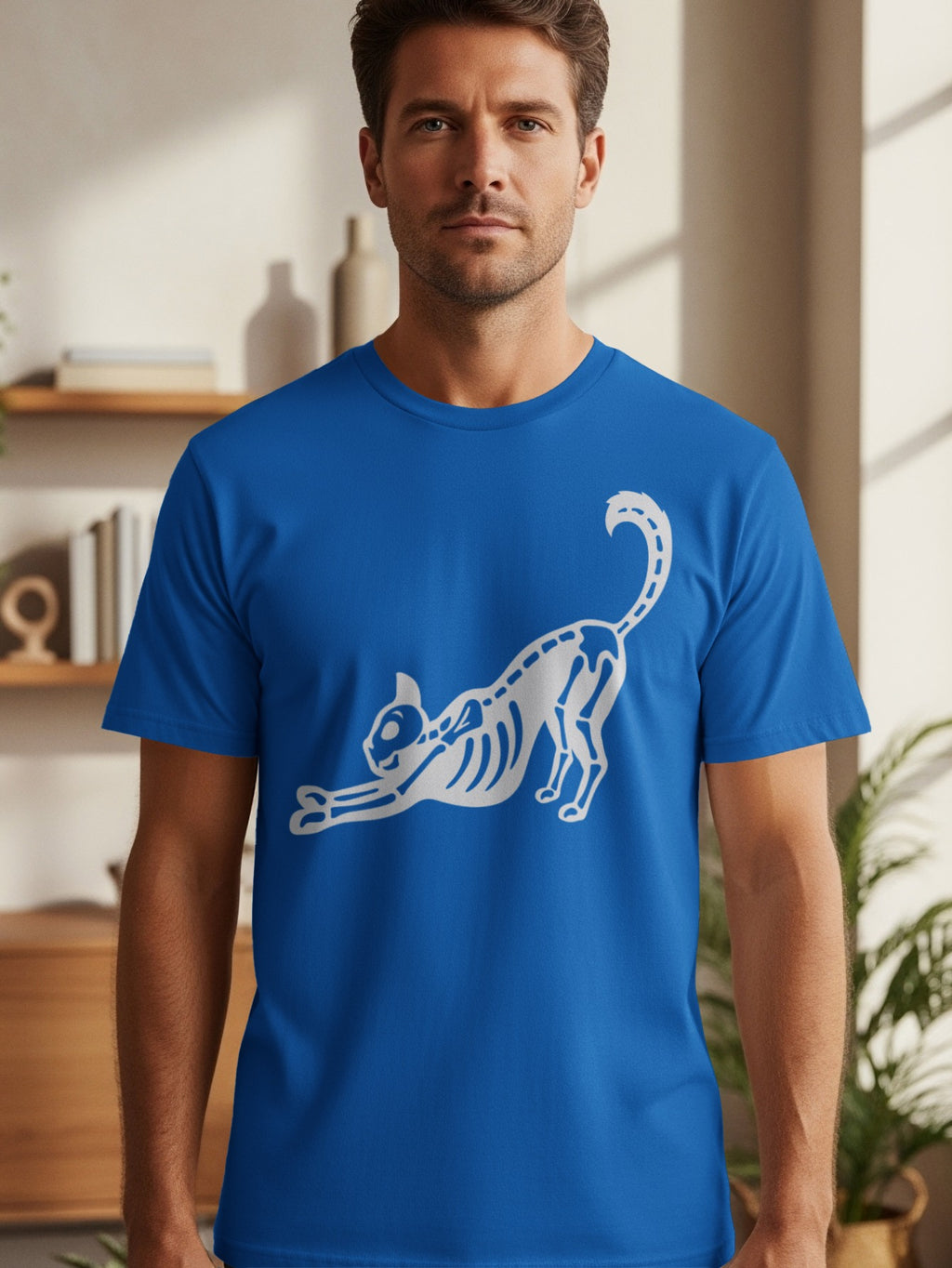 Royal blue t-shirt with a white X-ray cat skeleton graphic stretching.