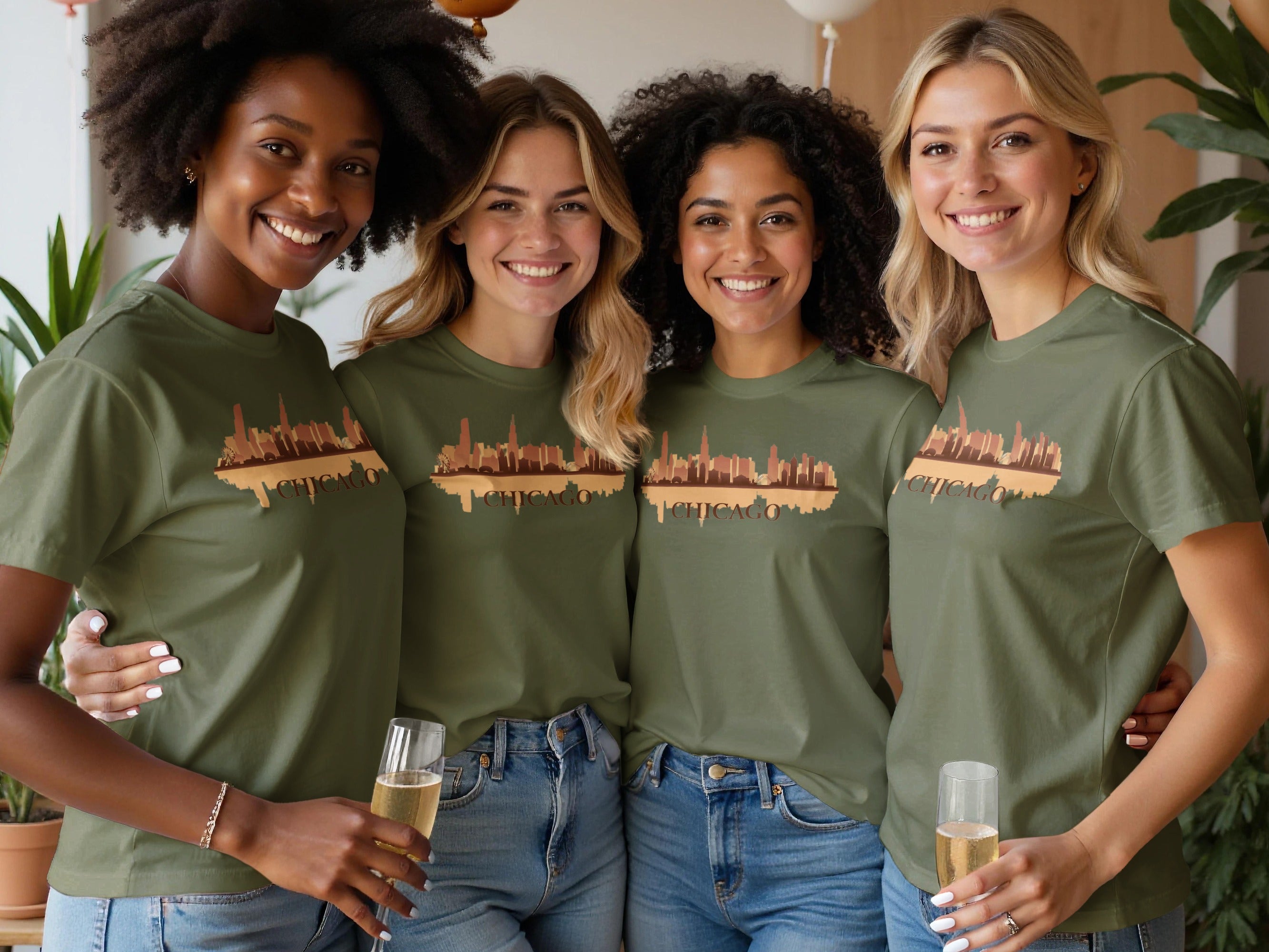 Four women smile, wearing olive green t-shirts with a Chicago skyline graphic.