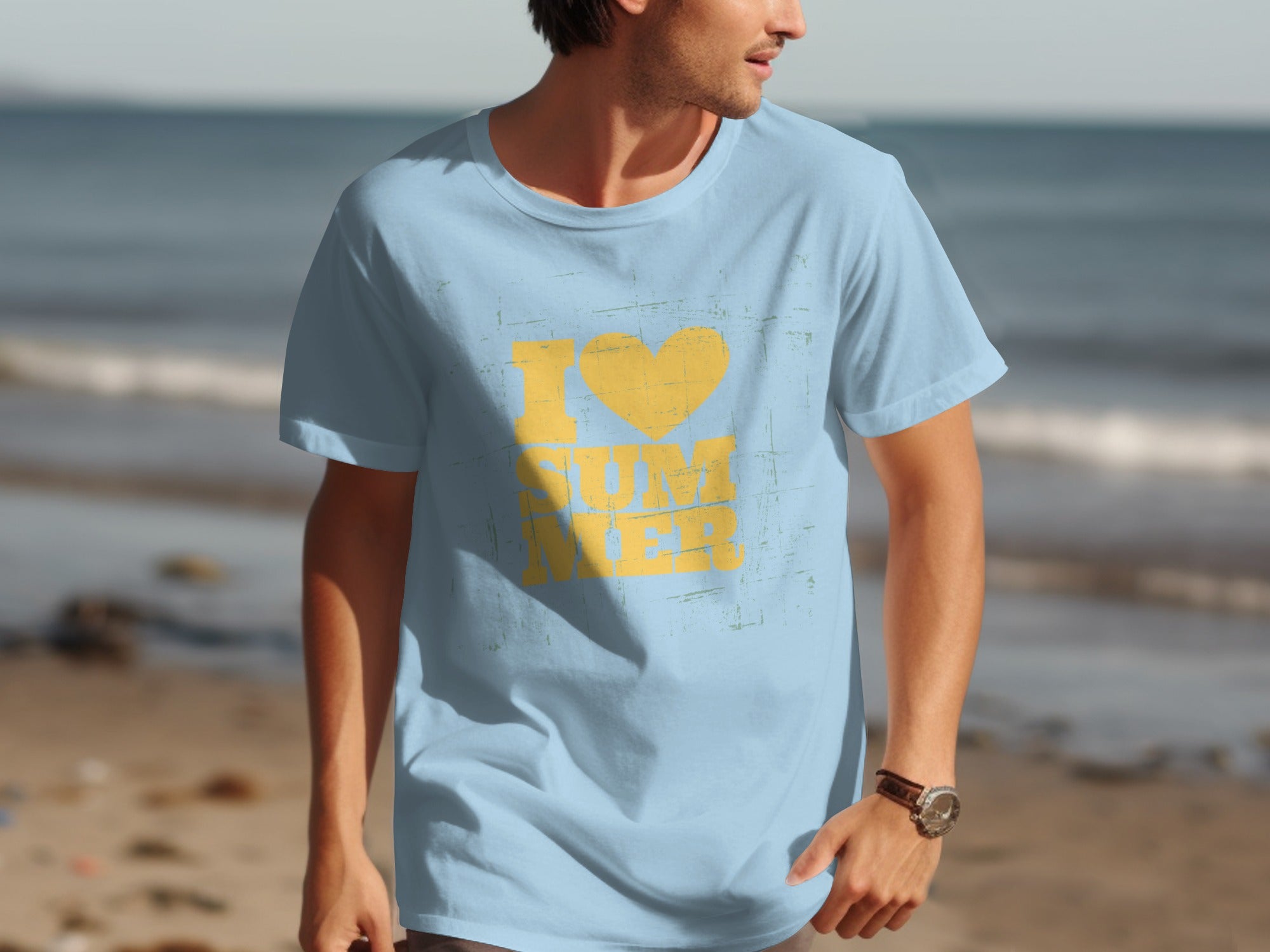 Light blue t-shirt with yellow "I LOVE SUMMER" text and heart graphic.